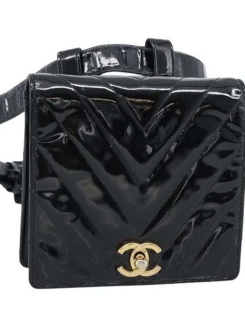 CHANEL V Stitch Waist bag Patent leather Black Gold CC Auth bs18829 - Picture 1 of 16